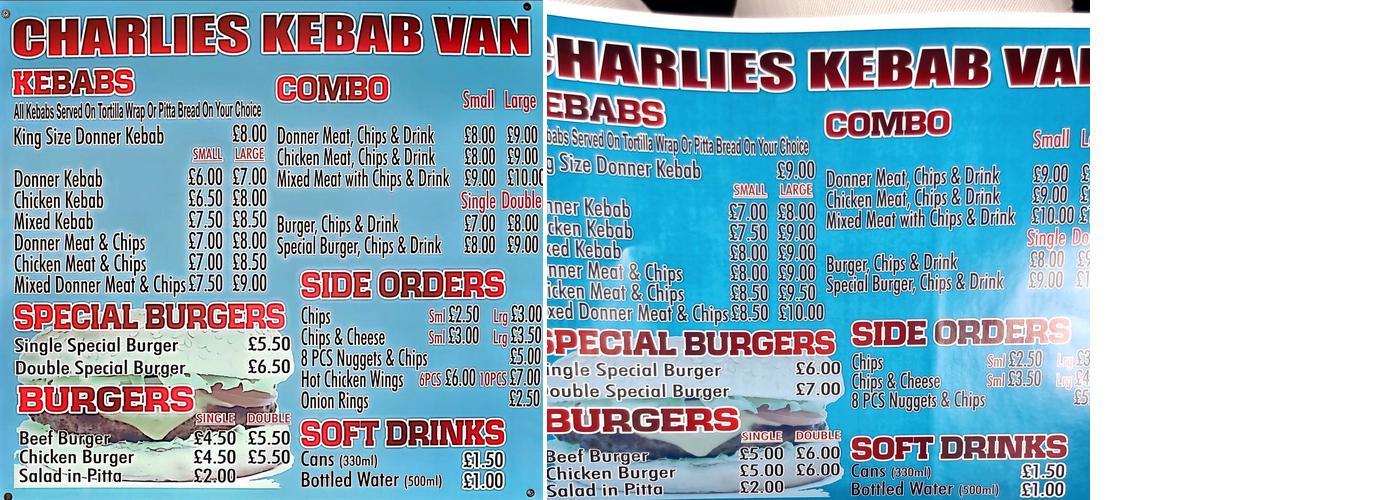Charlies Kebab Van Menu