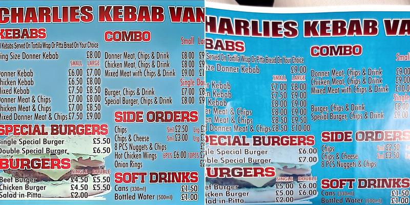 Charlies Kebab Van Menu