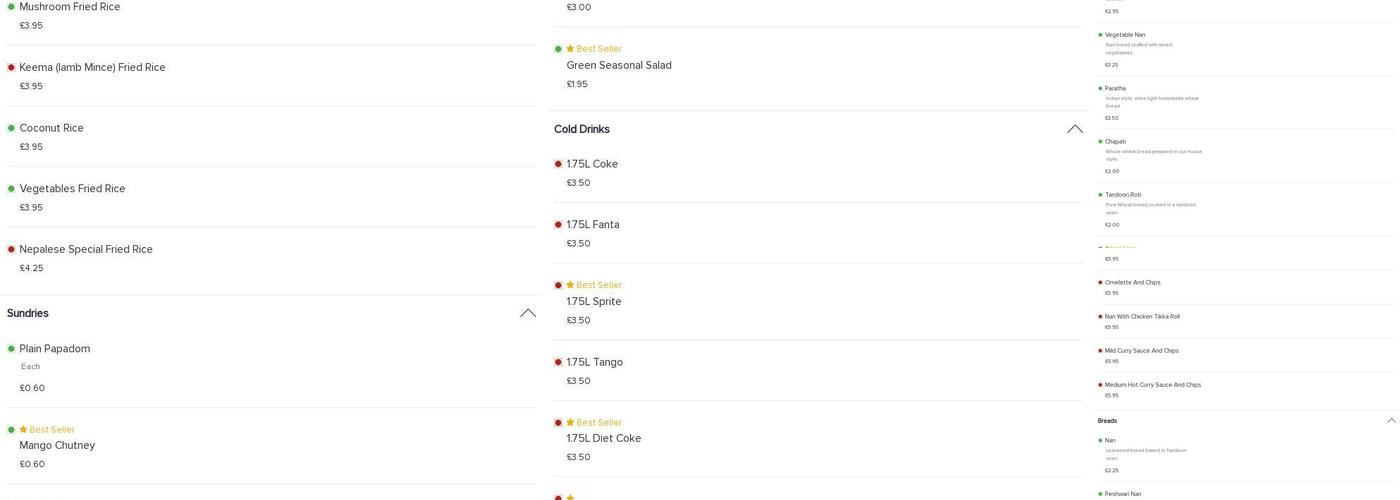 Curry Corner, Cornwall Menu