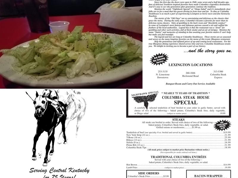 Columbia Steak House Menu