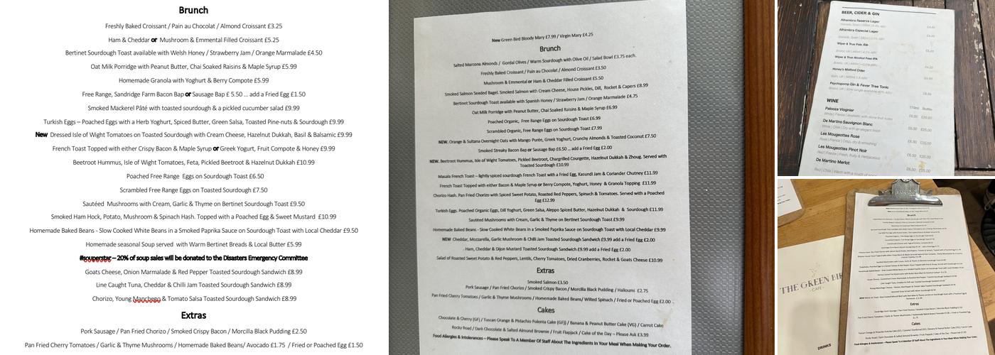 The Green Bird Cafe Menu