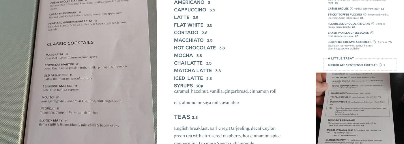 The Bath Townhouse, Coppa Club Menu