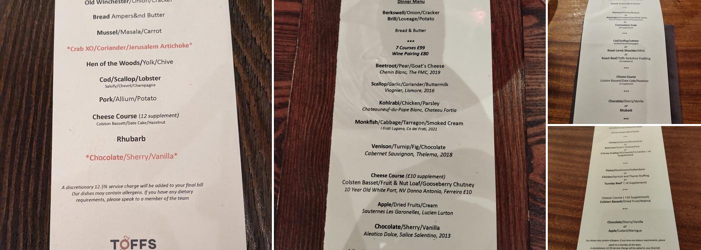 Toffs by Rob Palmer Menu