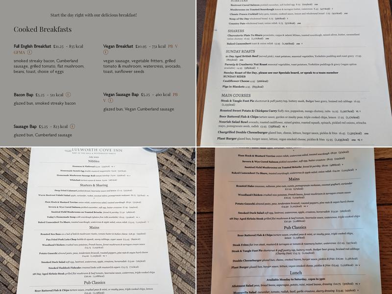 Lulworth Cove Inn, Pub Restaurant & Accommodation Menu