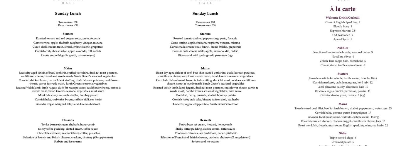 North Wing Restaurant @ Downham Hall Menu