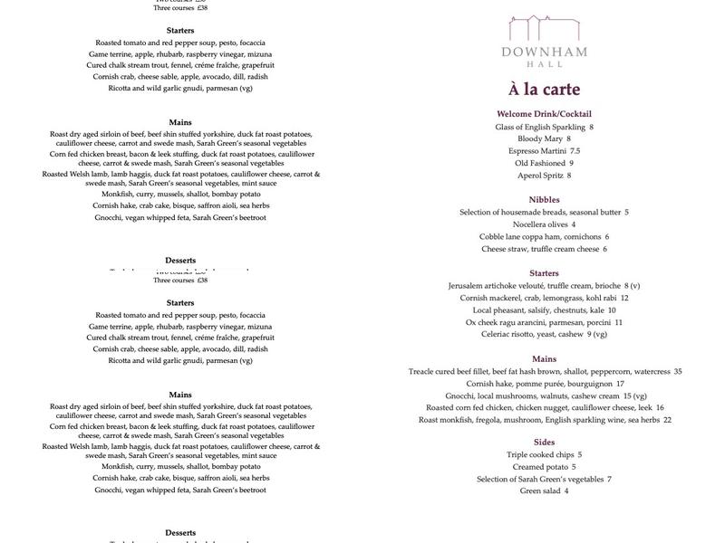North Wing Restaurant @ Downham Hall Menu