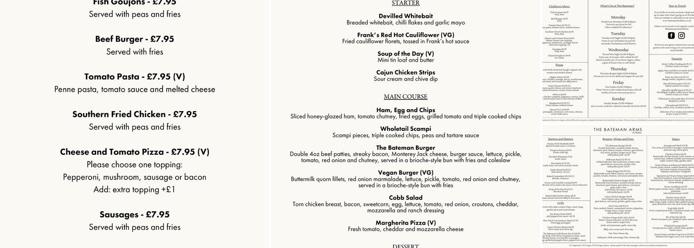 The Bateman Arms at Shobdon Menu