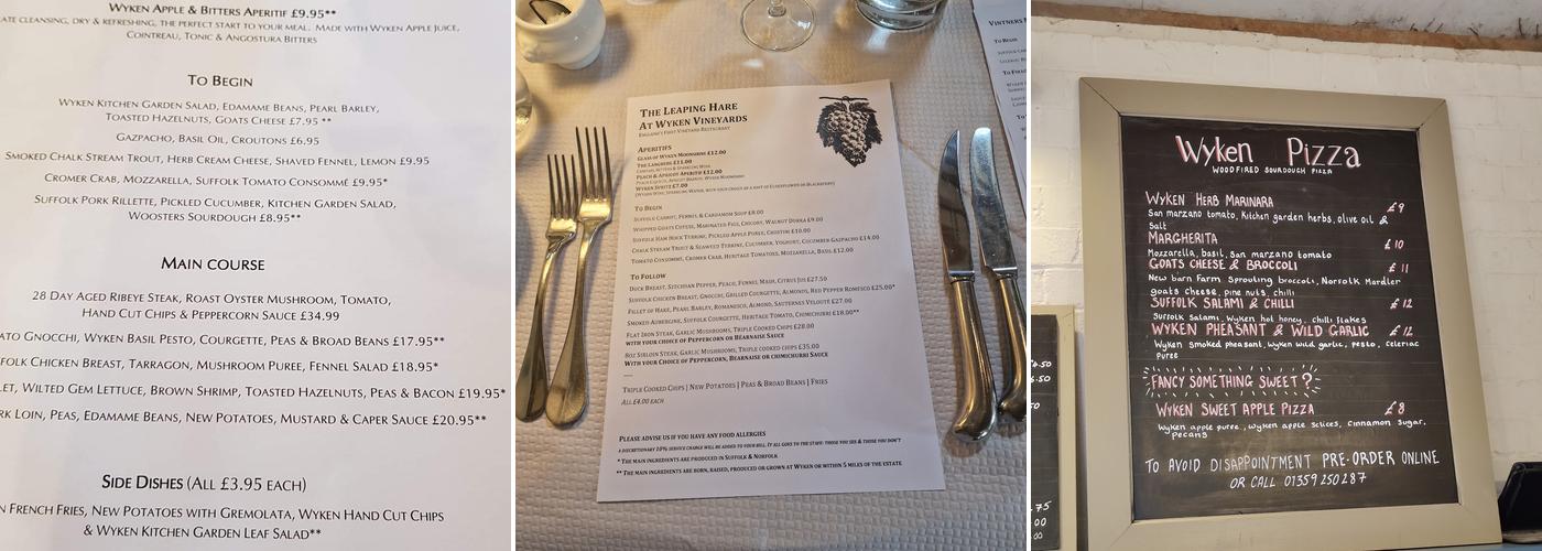 Wyken Vineyards Menu