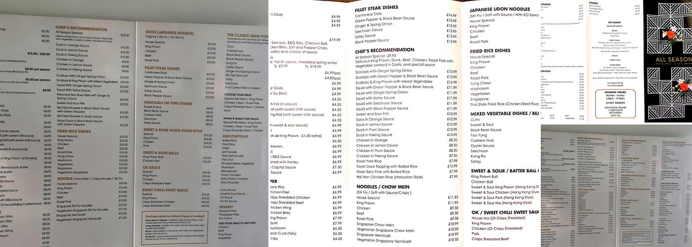 All Seasons Restaurant and Bar Wetherby Menu