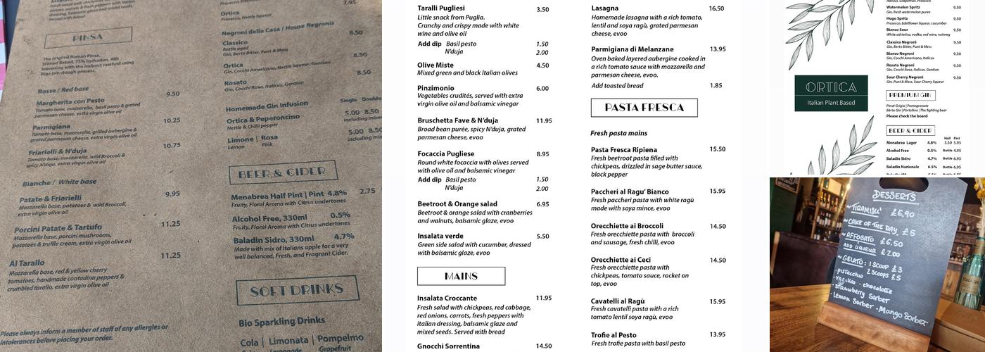 Ortica Italian Plant Based Menu