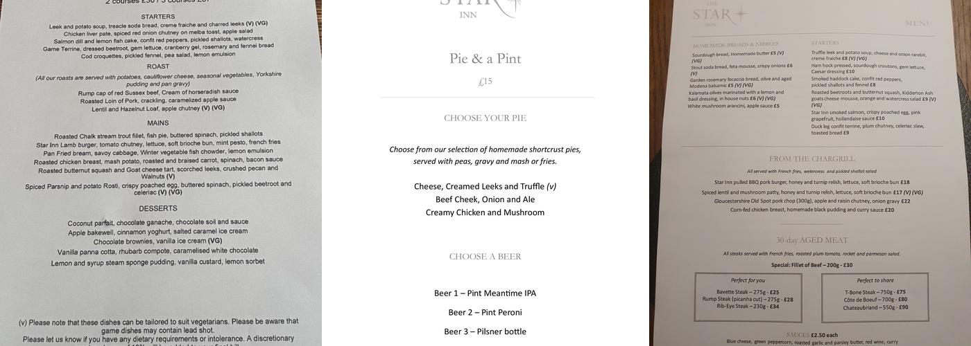 The Star Inn - Sparsholt Restaurant Menu