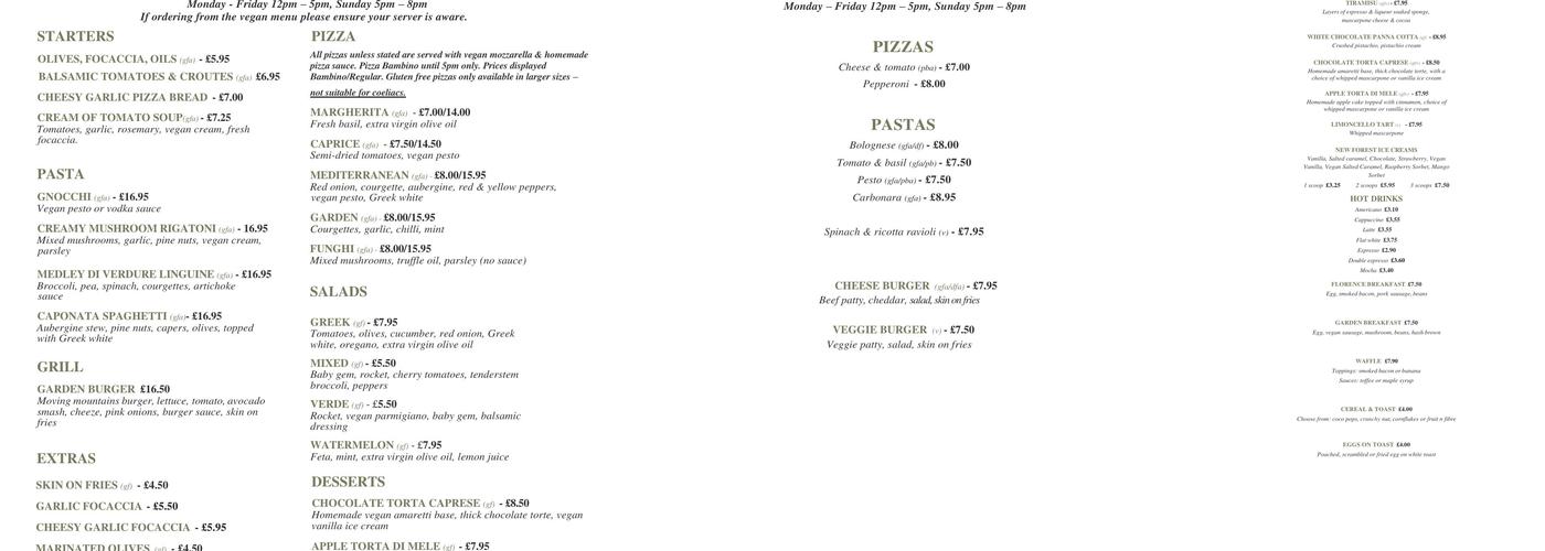 The Florence Arms Gastro Pub Menu