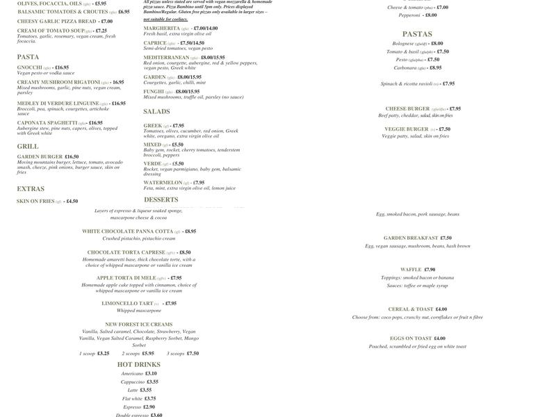 The Florence Arms Gastro Pub Menu