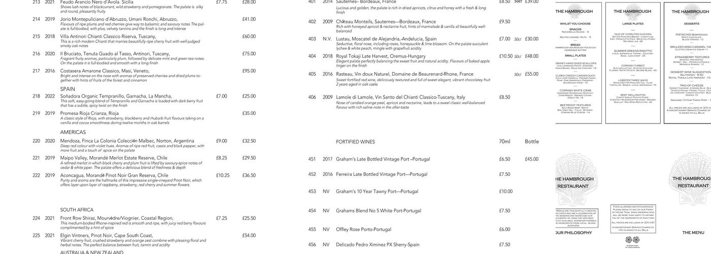 The Hambrough Restaurant and Bar with Rooms Menu