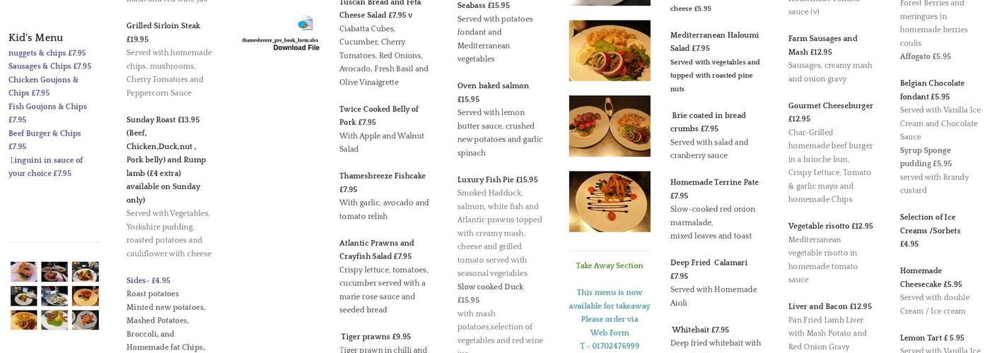 Thamesbreeze Bar and Restaurant Menu