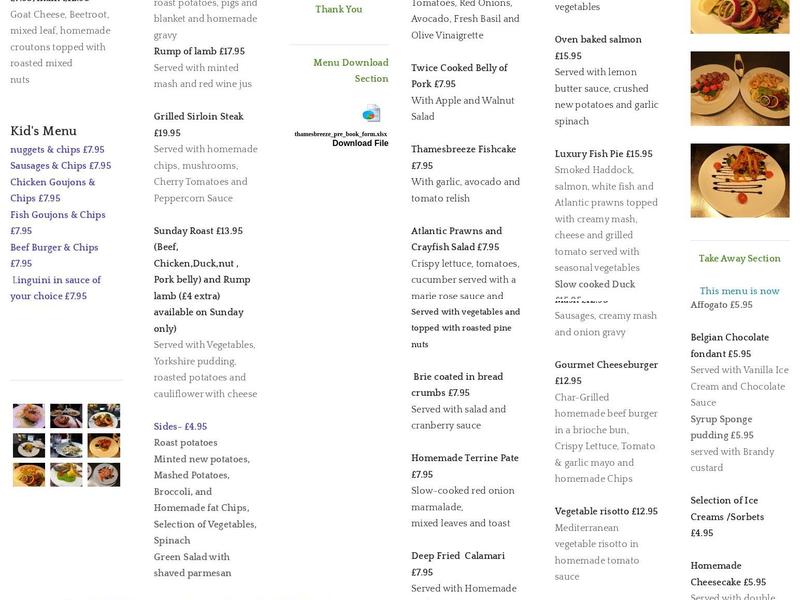Thamesbreeze Bar and Restaurant Menu