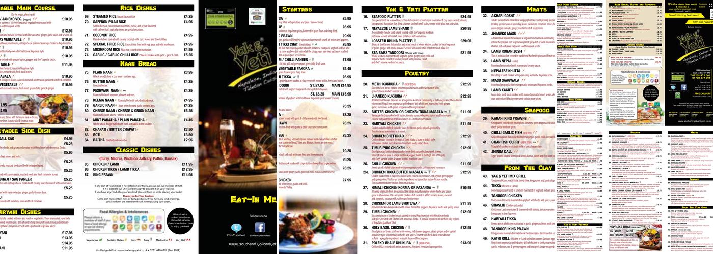 Yak and Yeti, Southend Menu