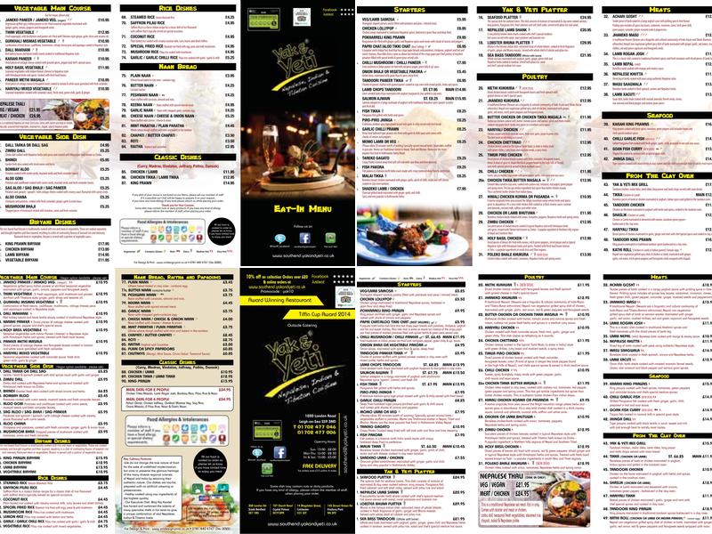 Yak and Yeti, Southend Menu