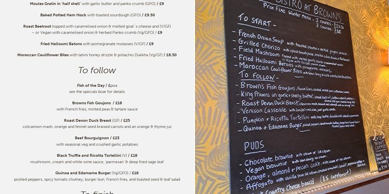 The Bistro at Browns Menu