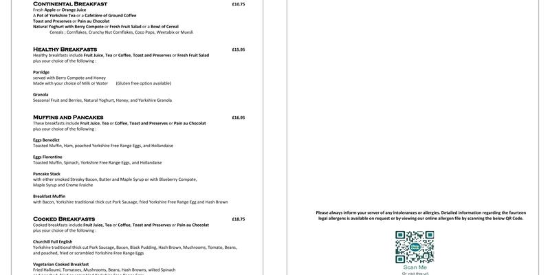 The Piano Restaurant at The Churchill Hotel Menu