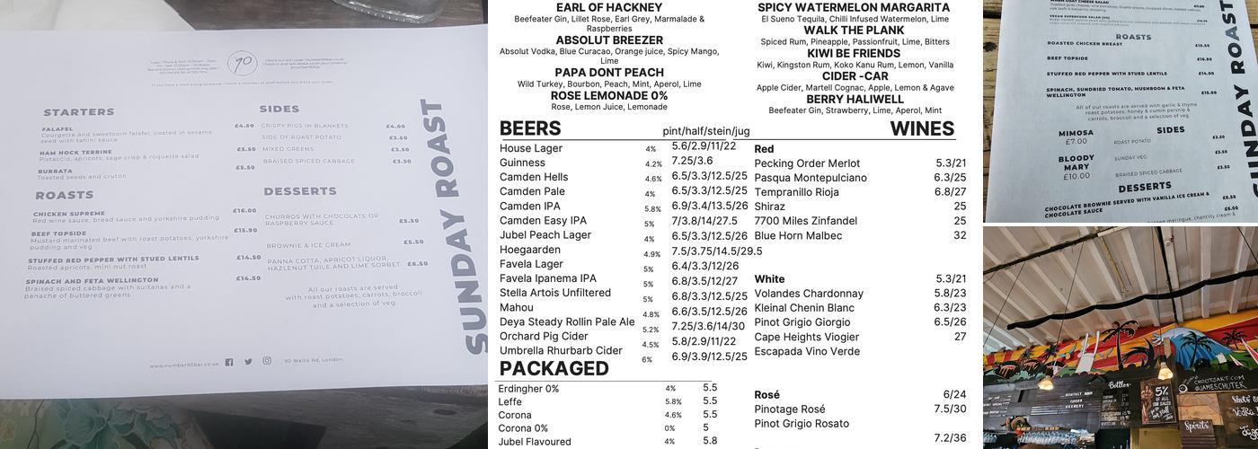 No90 Hackney Wick Menu