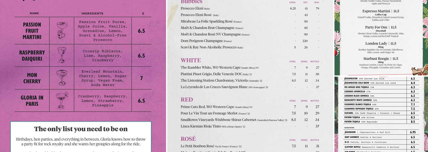 Blame Gloria Clapham Junction Menu