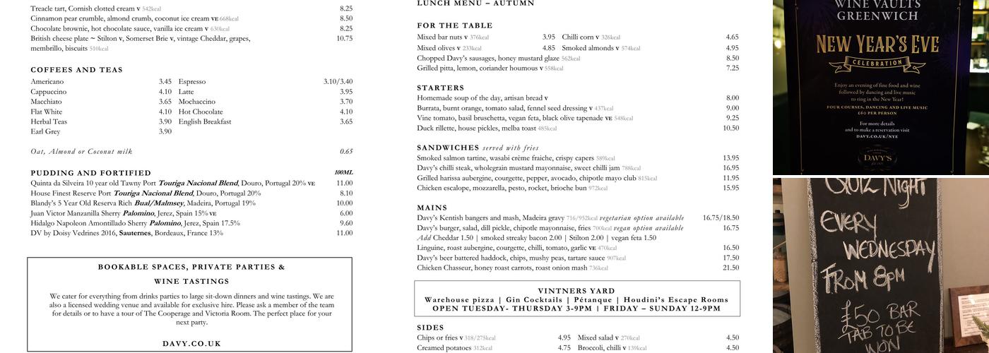 Davy's Wine Vaults - Greenwich Menu