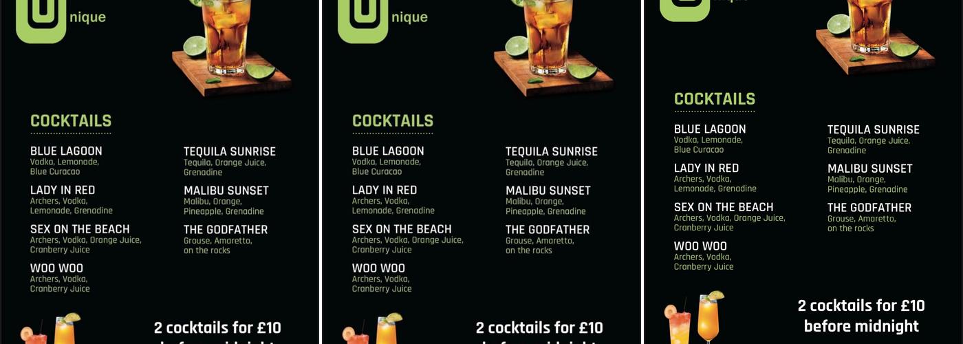 Unique Bar Newmarket Menu