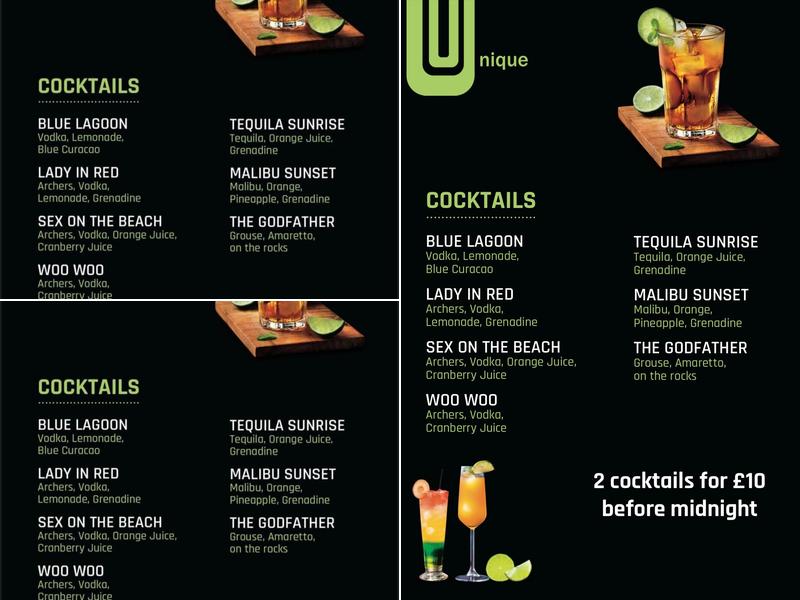 Unique Bar Newmarket Menu