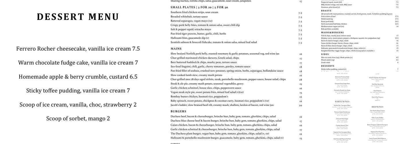 The Duchess W6 Menu