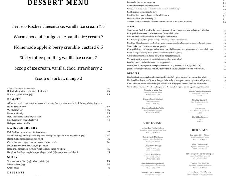 The Duchess W6 Menu