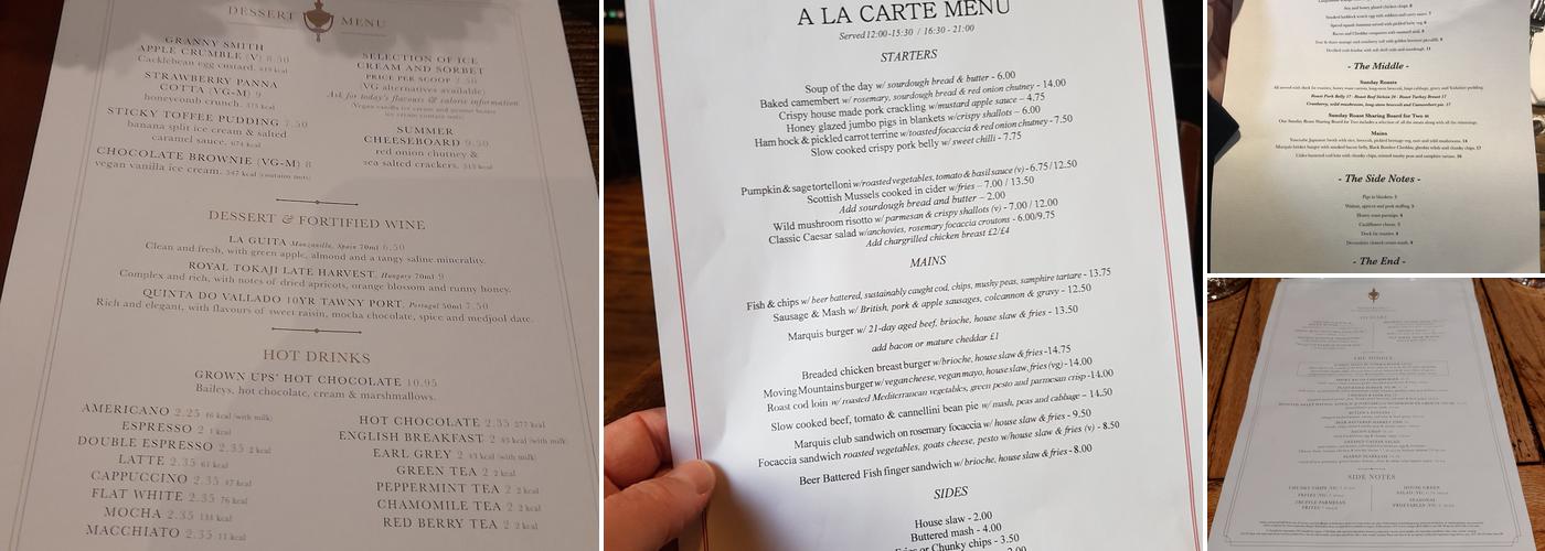 Marquis Of Westminster Menu