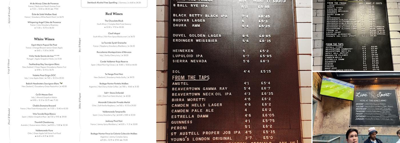 Kings Arms Chelsea Menu