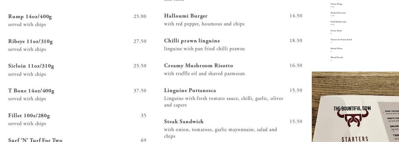 The Bountiful Cow Public House & Dining Menu