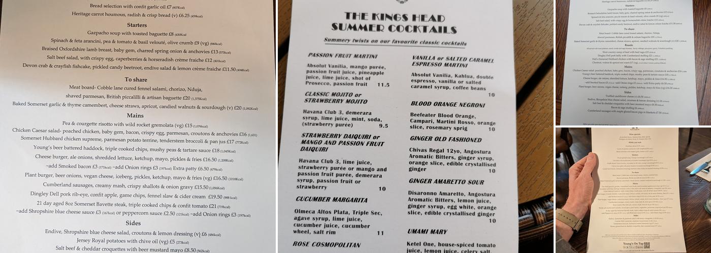 The King's Head Menu