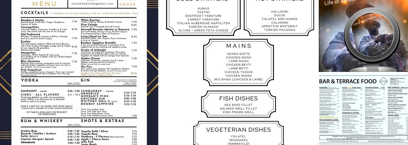 Escape Bar and Grill Menu