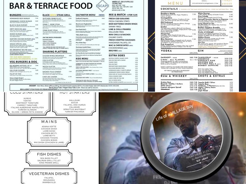 Escape Bar and Grill Menu