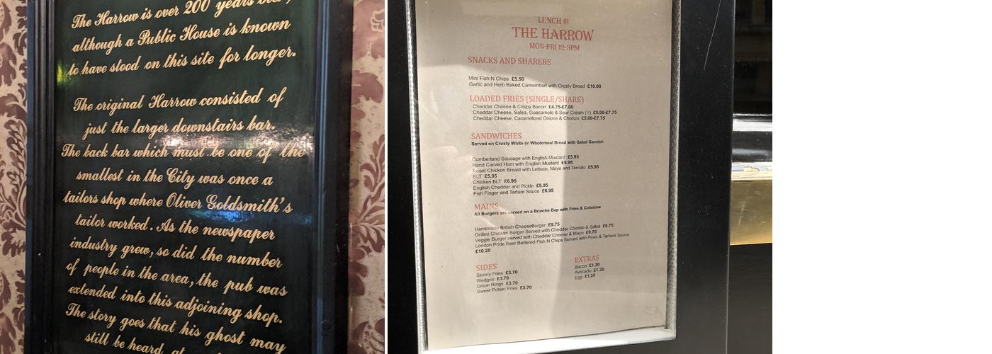 The Harrow, EC4 Menu