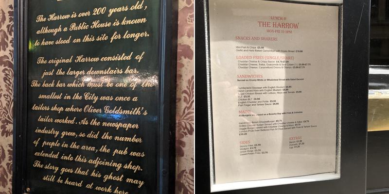 The Harrow, EC4 Menu