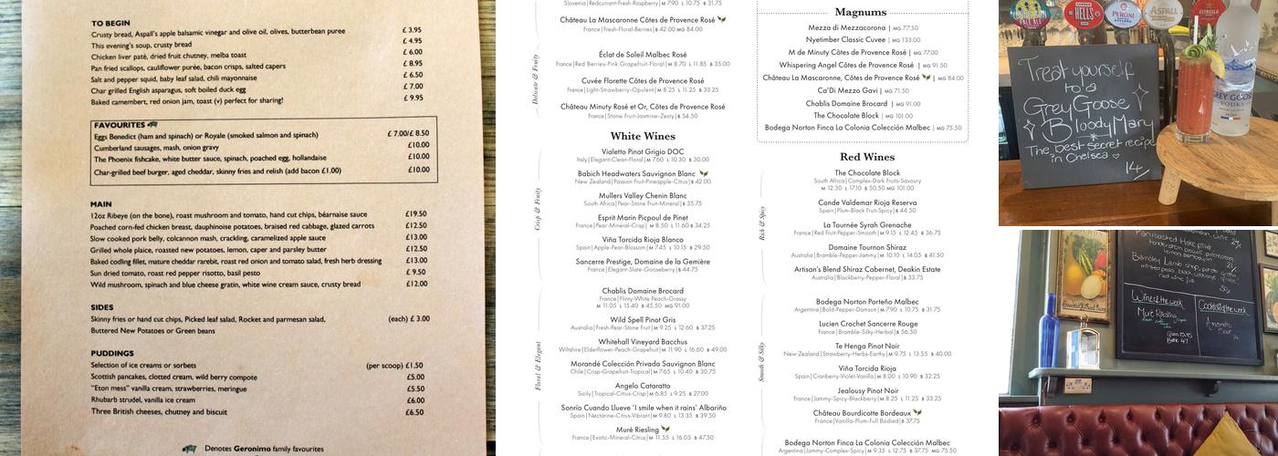 The Phoenix, Chelsea Menu