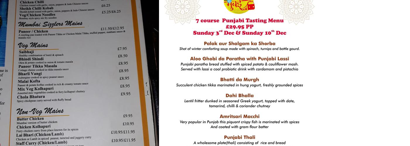 Bombay to Mumbai Menu