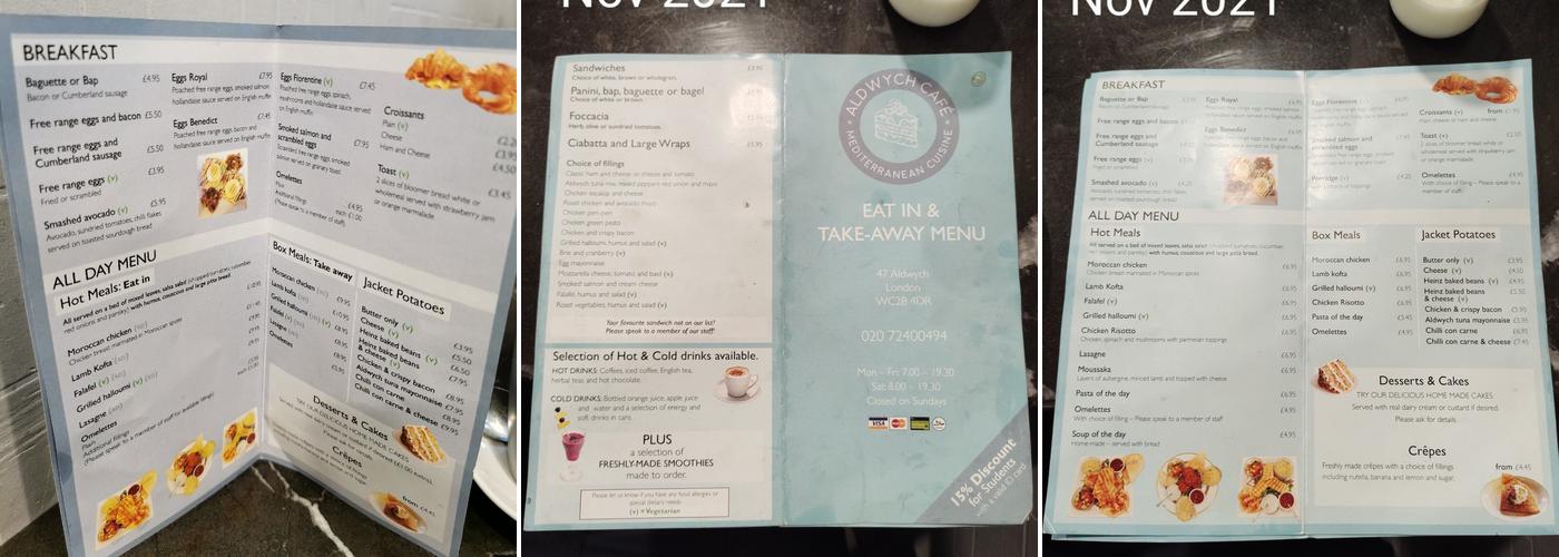 Aldwych Cafe Menu