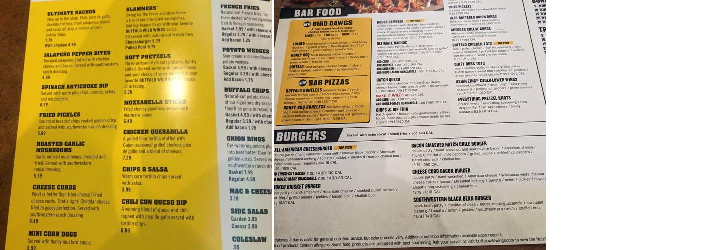 Buffalo Wild Wings Menu