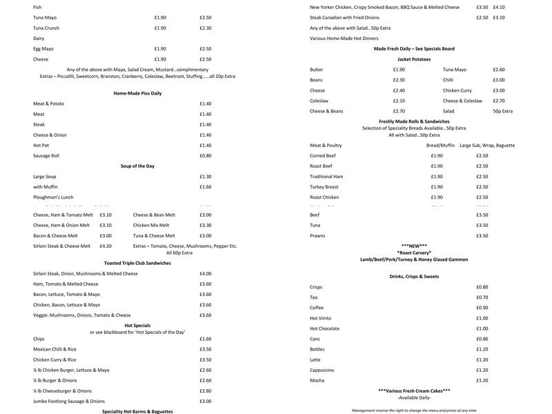 The New Cake and Sandwich Shop Menu