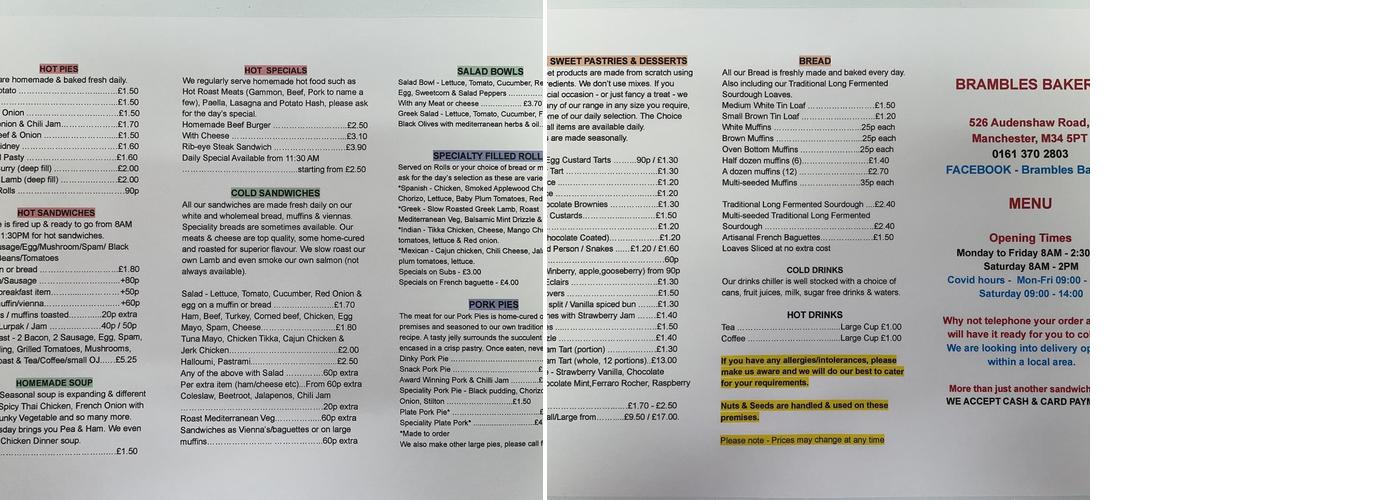 Brambles Bakery Menu