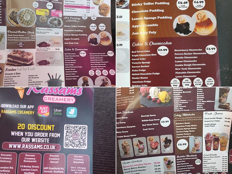 Rassams creamery Wakefield Menu