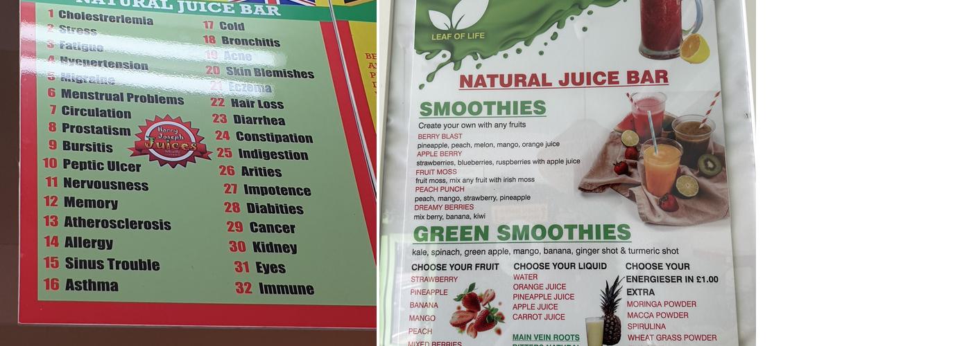 Harry Joseph juice bar Menu