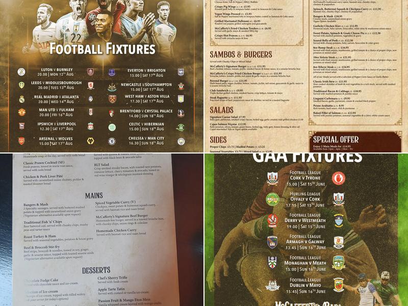 Mccaffertys Bar & Guest House Menu