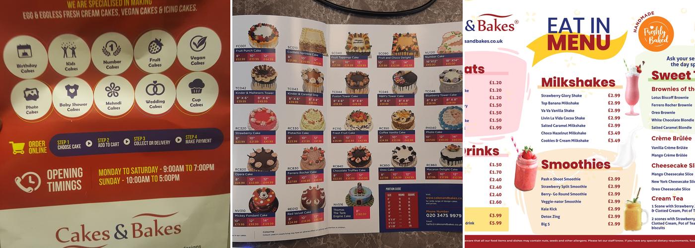 Cakes and Bakes - Goodmayes Menu