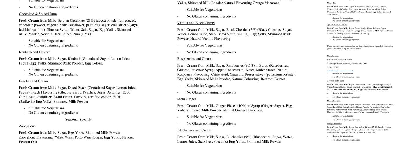 Lakenham Creamery Limited Menu